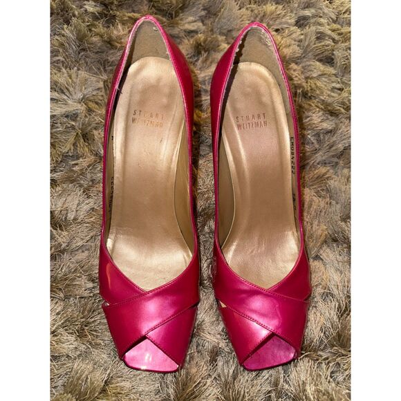 Stuart Weitzman Pink Patent Leather Peep Toe Heels - Picture 2 of 5